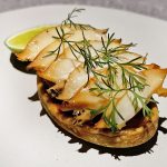 Abalone huarache, black beans, cherry tomato