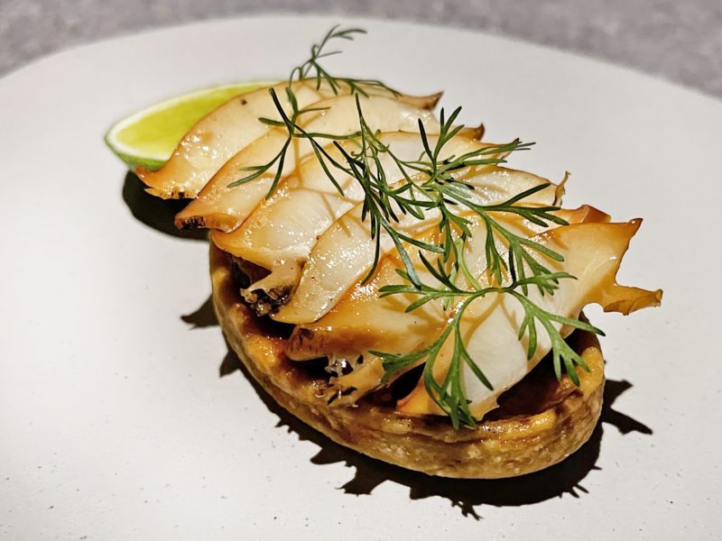 Abalone huarache, black beans, cherry tomato