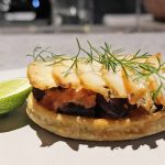 Abalone huarache, black beans, cherry tomato