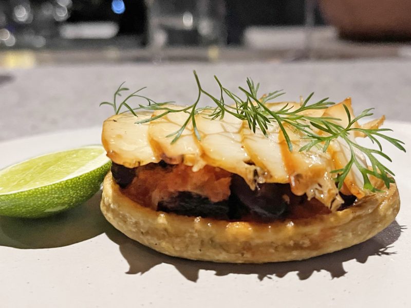 Abalone huarache, black beans, cherry tomato