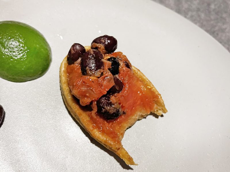 Abalone huarache, black beans, cherry tomato